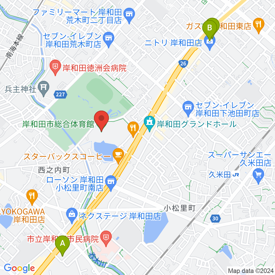 岸和田市総合体育館周辺のホテル一覧地図