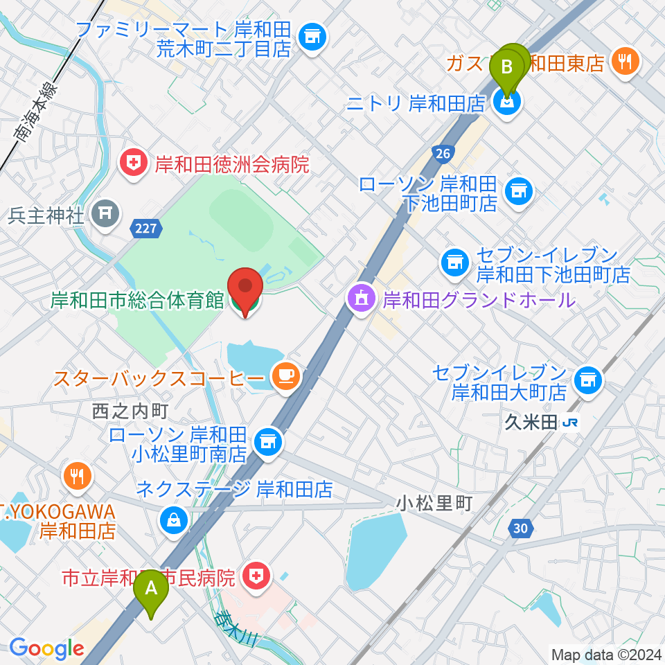 岸和田市総合体育館周辺のホテル一覧地図