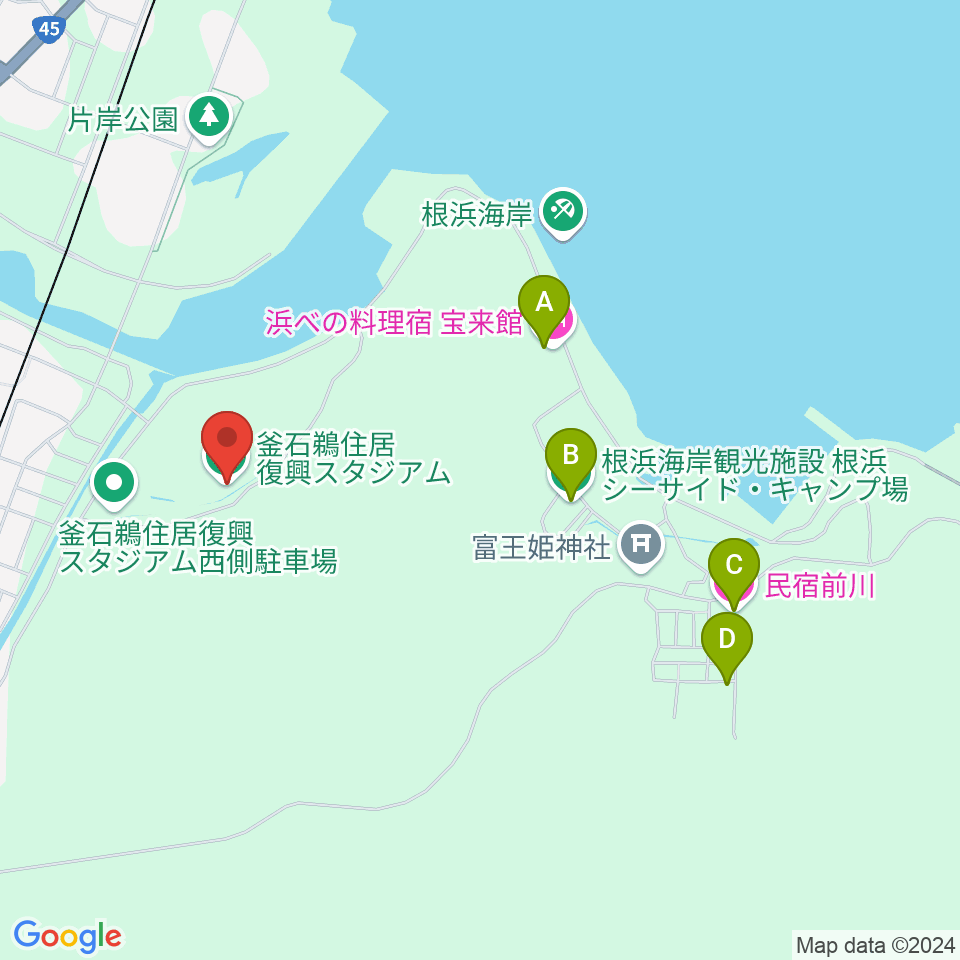 釜石鵜住居復興スタジアム周辺のホテル一覧地図