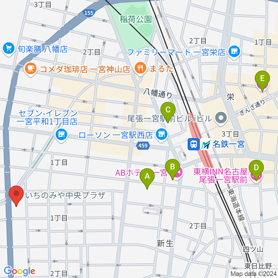 いちのみや中央プラザ体育館周辺のホテル一覧地図