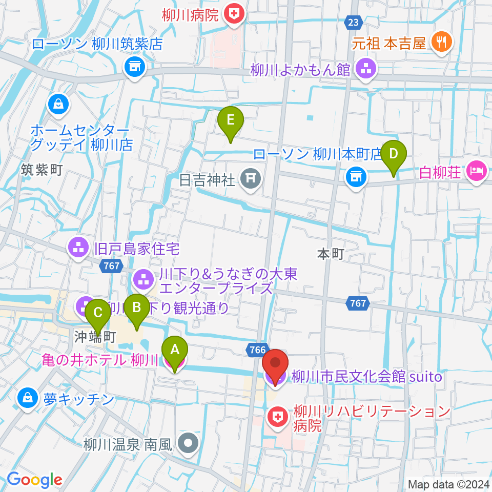 柳川市民文化会館（水都やながわ）周辺のホテル一覧地図