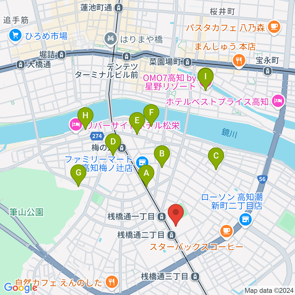 高知県立県民体育館周辺のホテル一覧地図