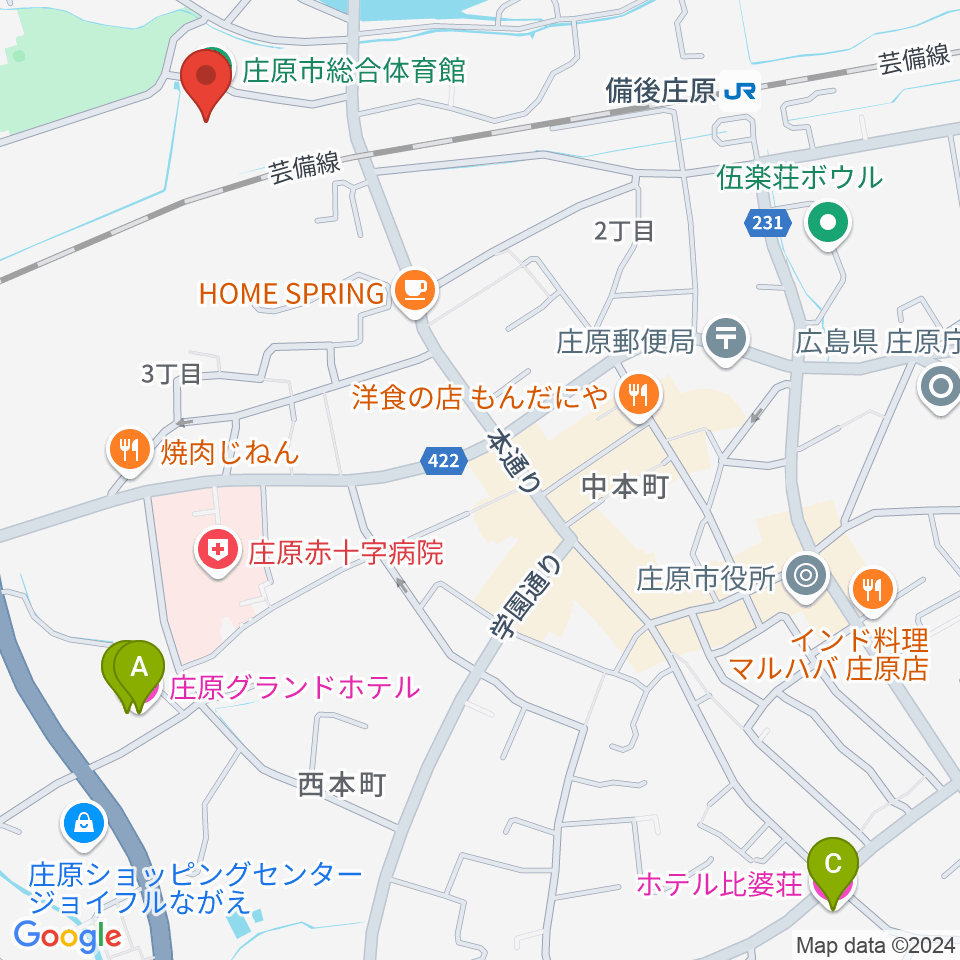 庄原市総合体育館周辺のホテル一覧地図