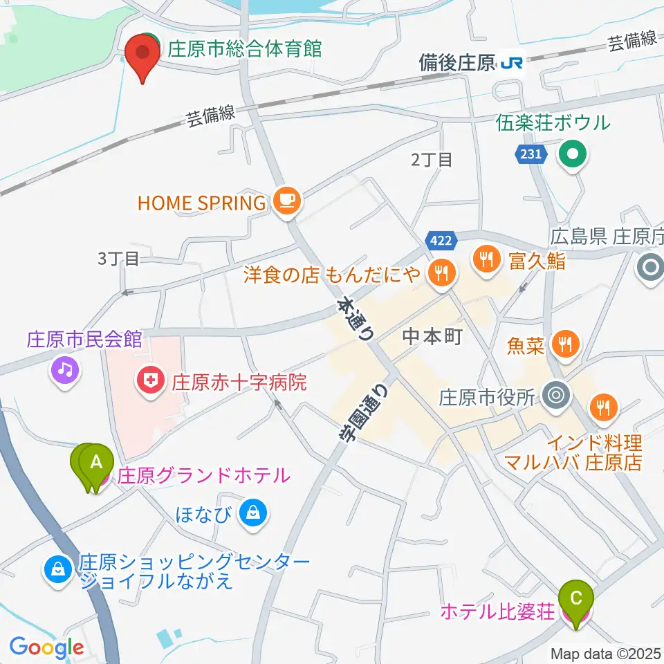 庄原市総合体育館周辺のホテル一覧地図
