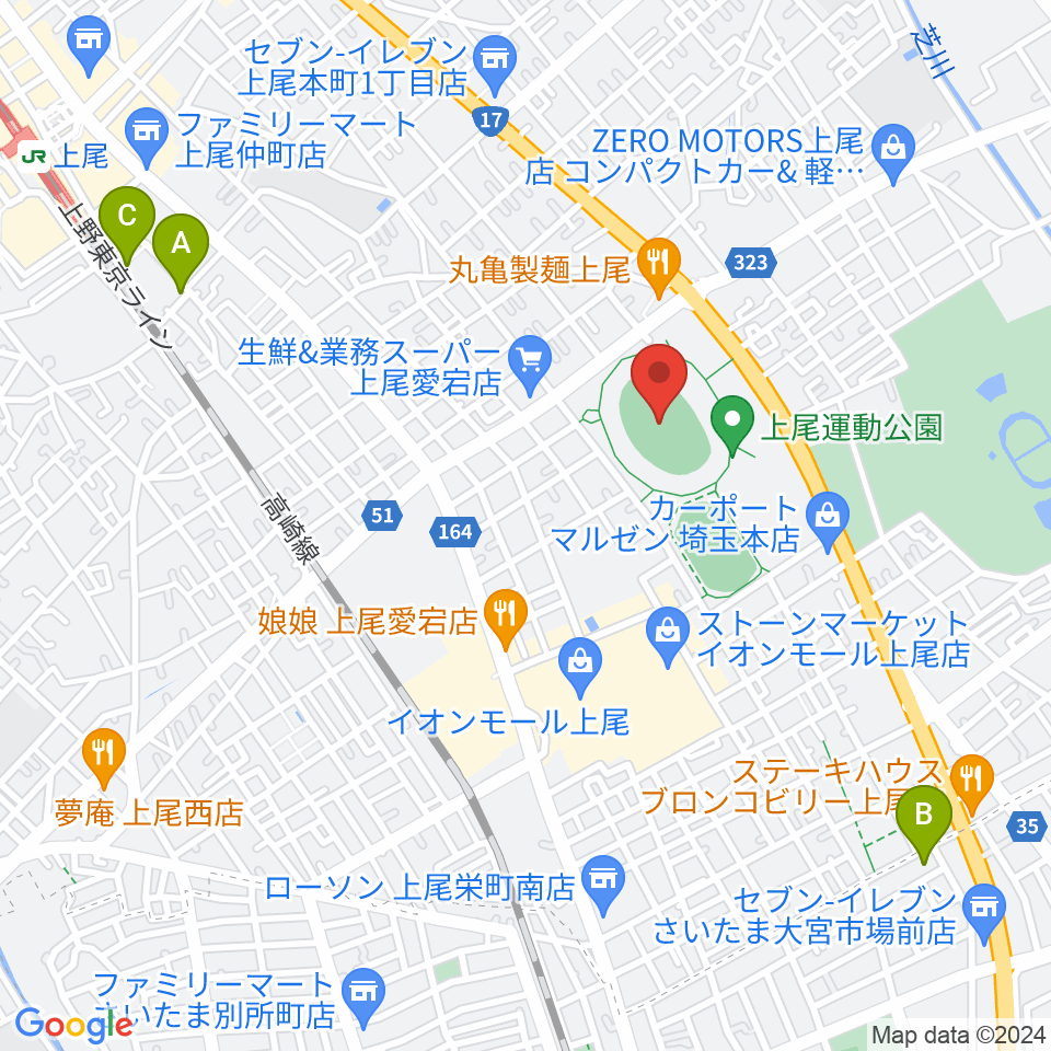 上尾運動公園陸上競技場周辺のホテル一覧地図