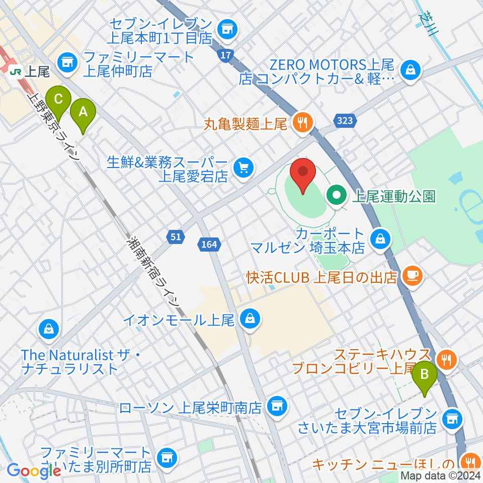 上尾運動公園陸上競技場周辺のホテル一覧地図