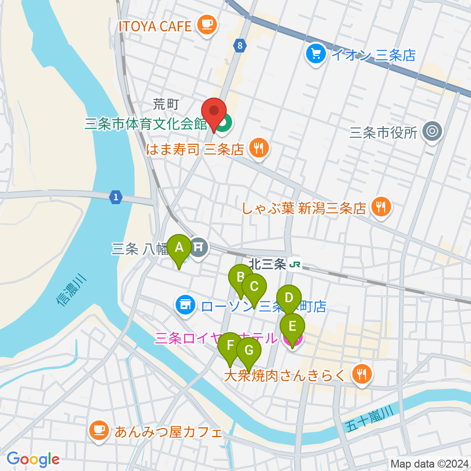 三条市体育文化会館周辺のホテル一覧地図