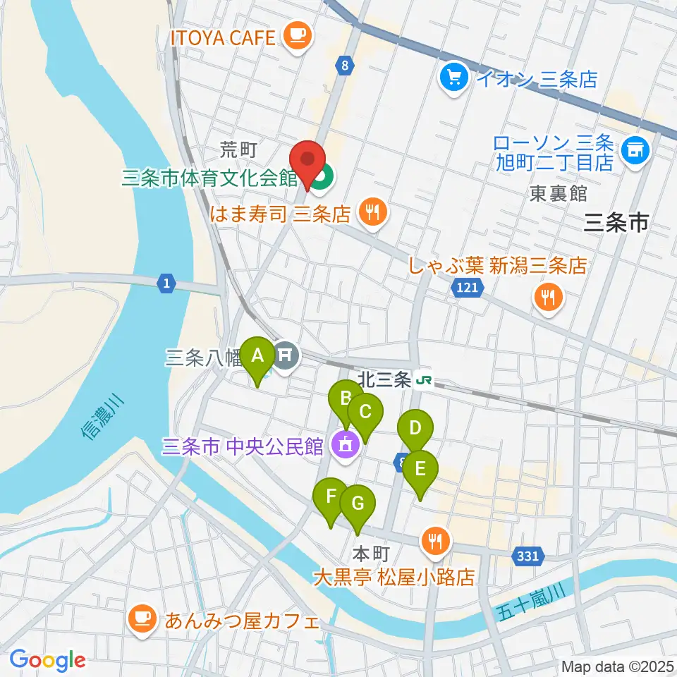 三条市体育文化会館周辺のホテル一覧地図