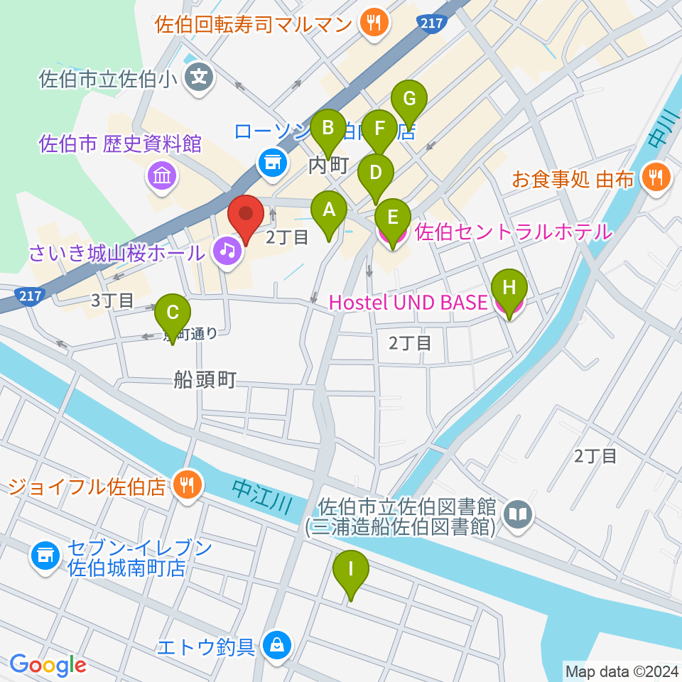 さいき城山桜ホール周辺のホテル一覧地図