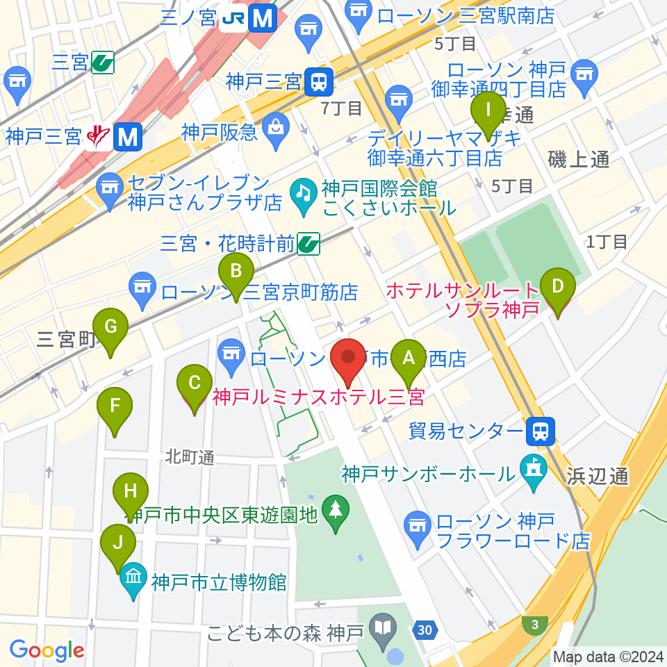 プラスミュージック神戸三宮周辺のホテル一覧地図