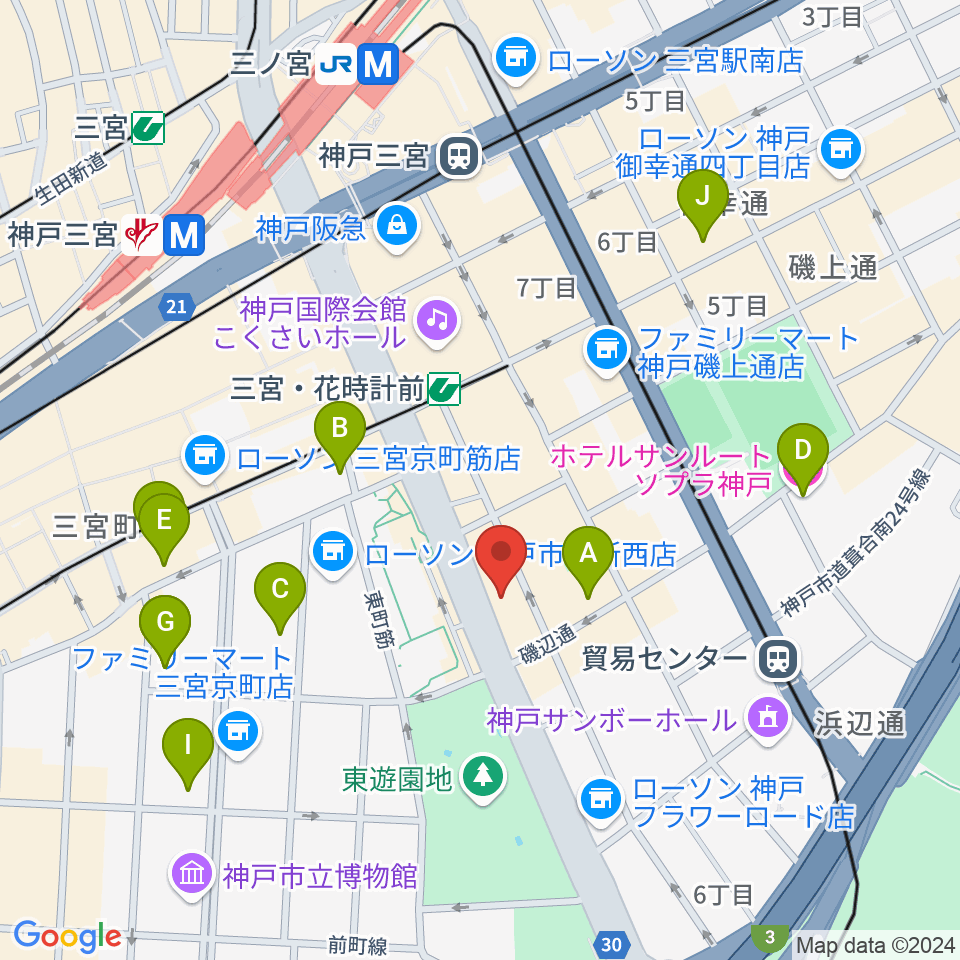 プラスミュージック神戸三宮周辺のホテル一覧地図