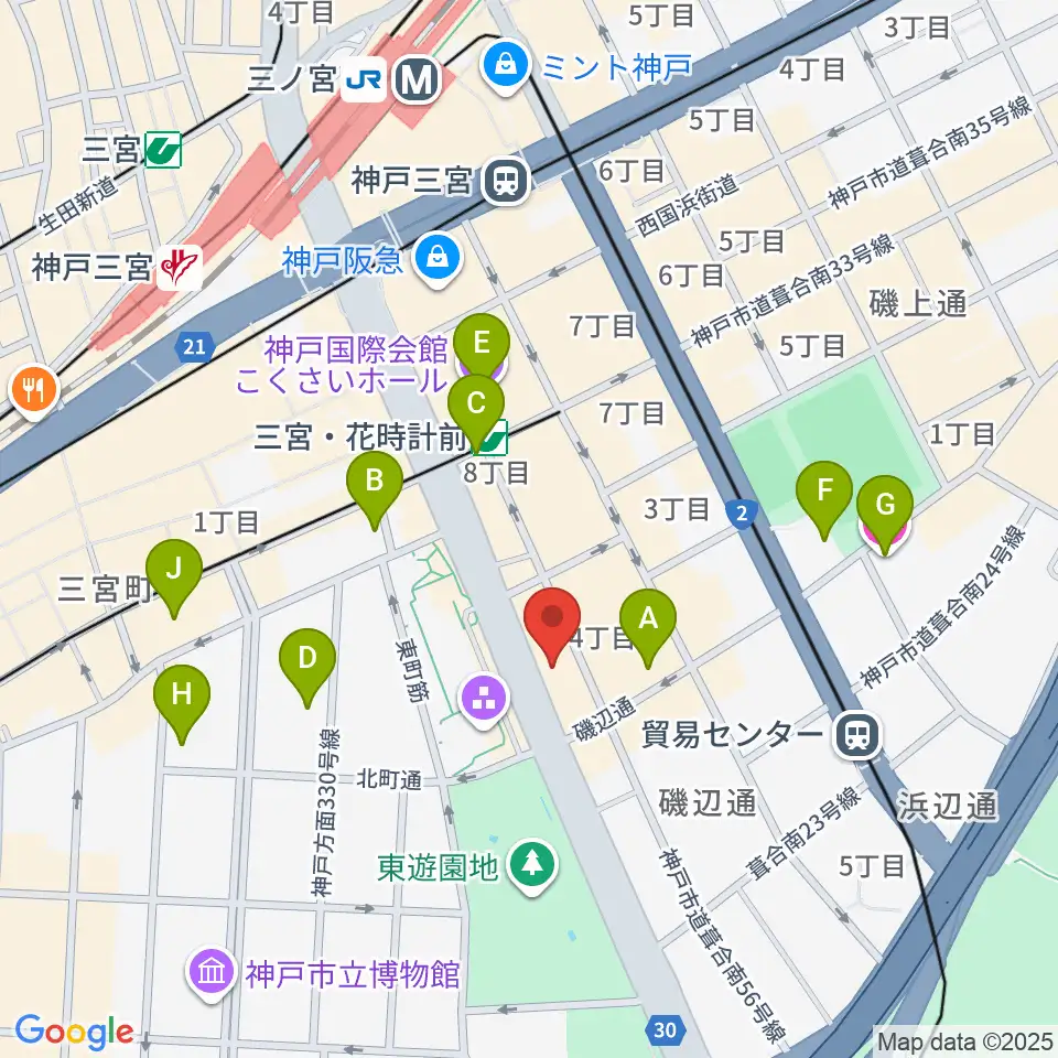 プラスミュージック神戸三宮周辺のホテル一覧地図
