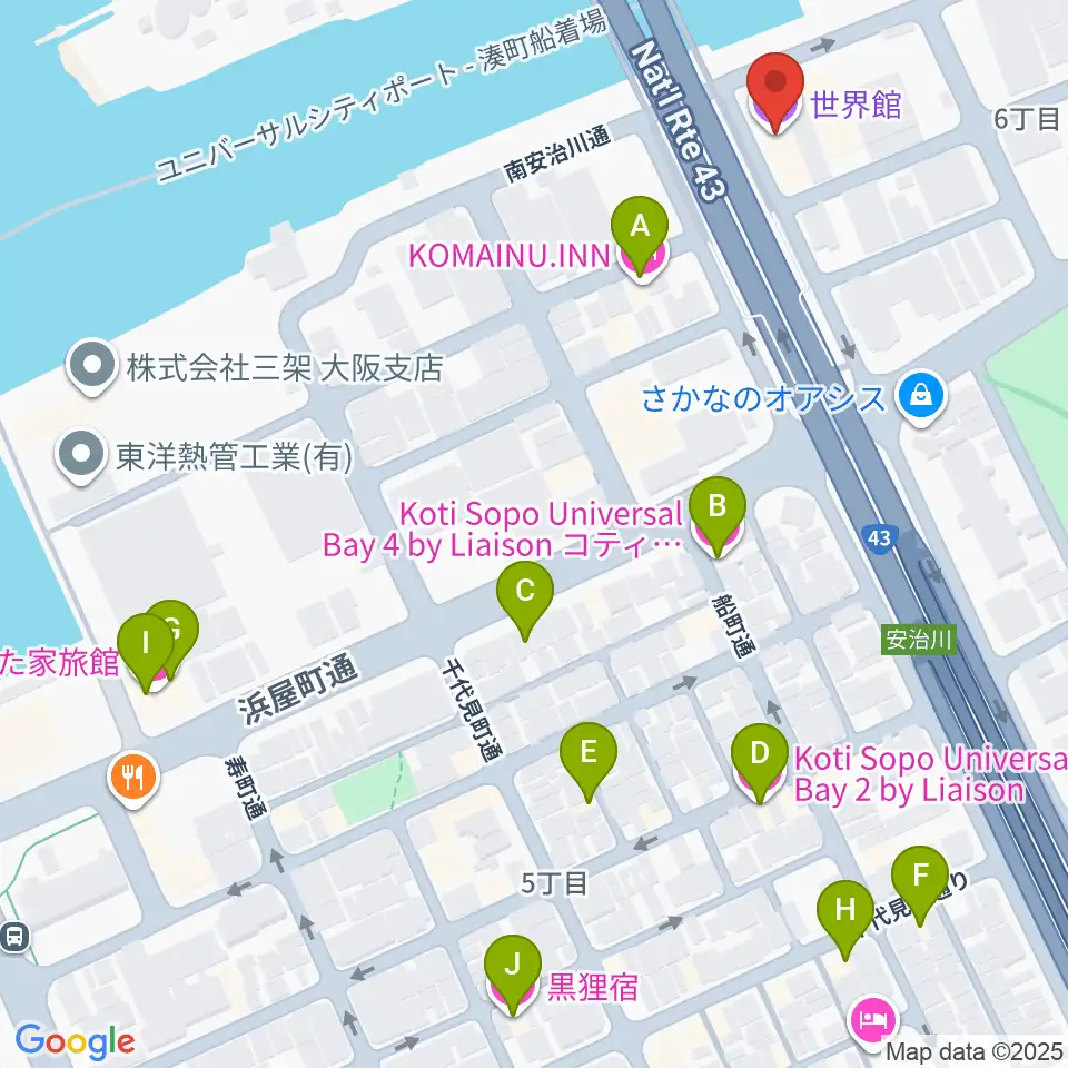 大阪弁天町 世界館周辺のホテル一覧地図