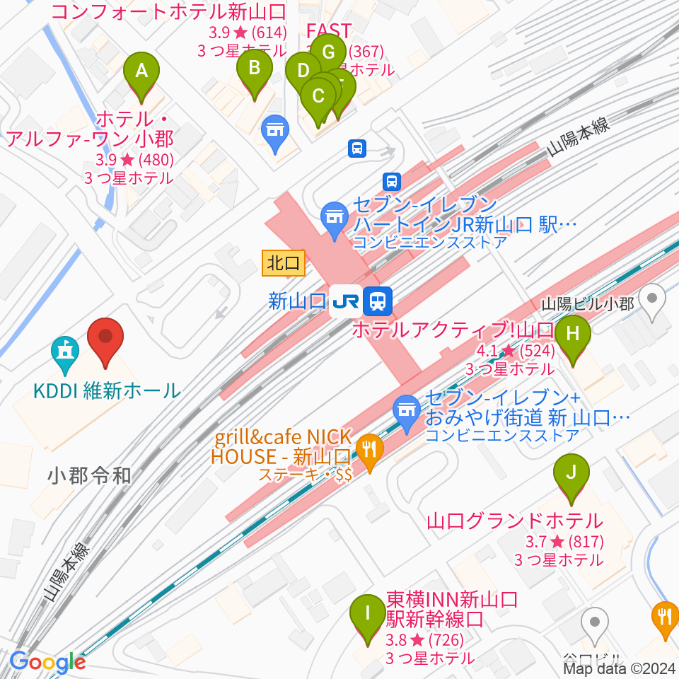 KDDI維新ホール周辺のホテル一覧地図