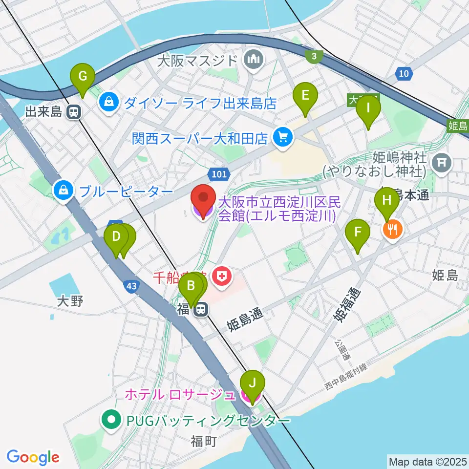 西淀川区民会館(エルモ西淀川)周辺のホテル一覧地図