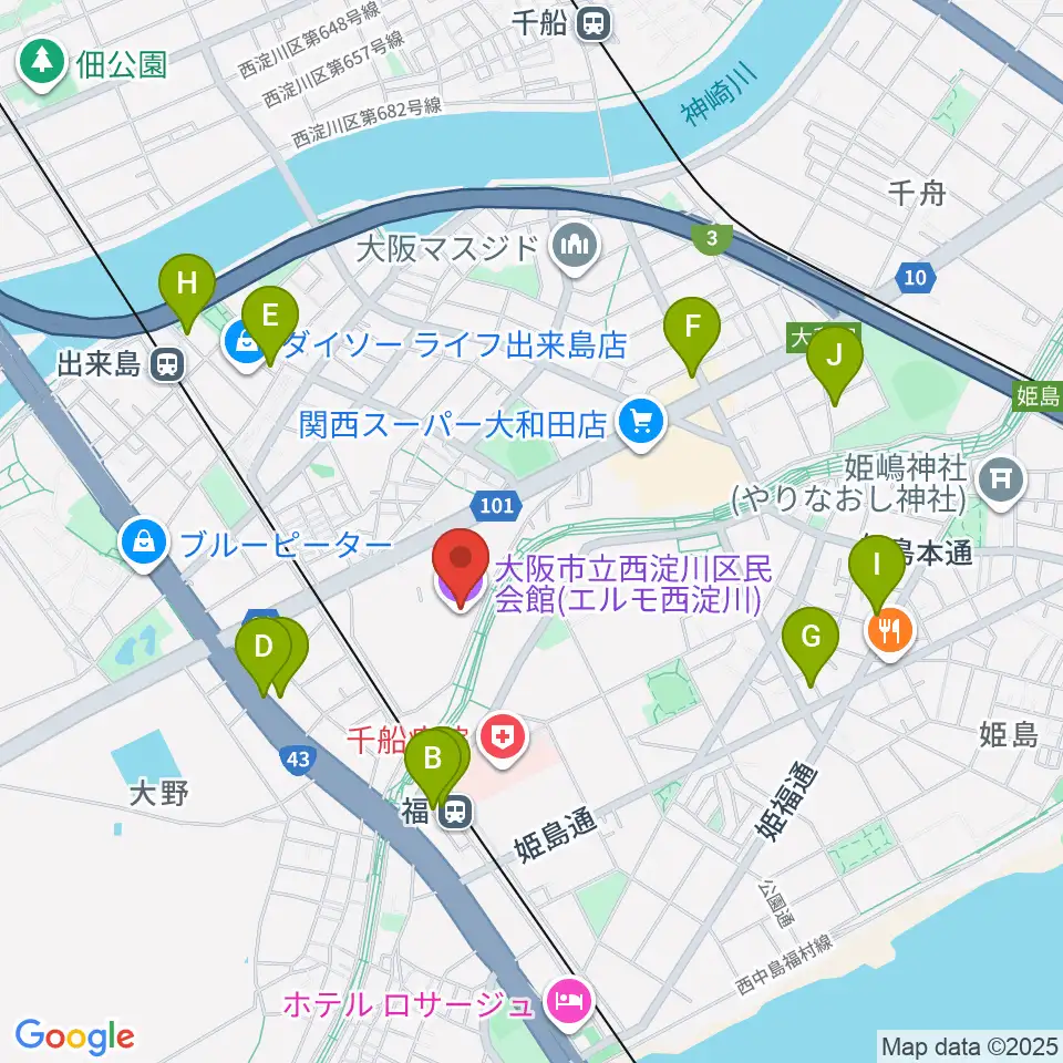 西淀川区民会館(エルモ西淀川)周辺のホテル一覧地図