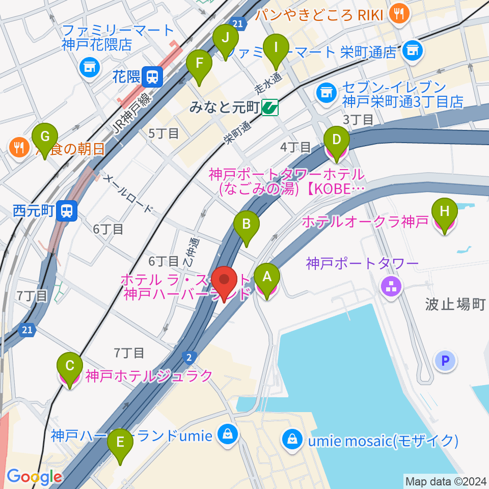 Ｗメリケン波止場周辺のホテル一覧地図