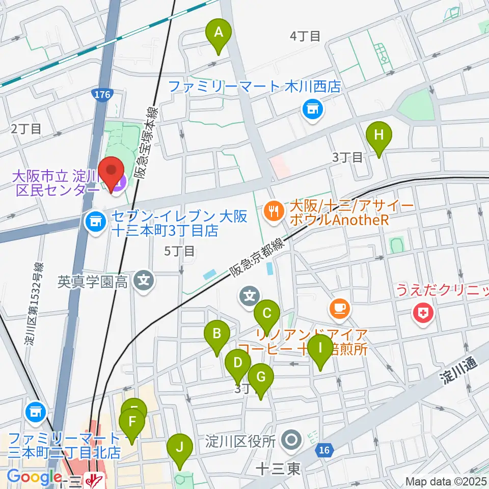 大阪市立淀川区民センター周辺のホテル一覧地図