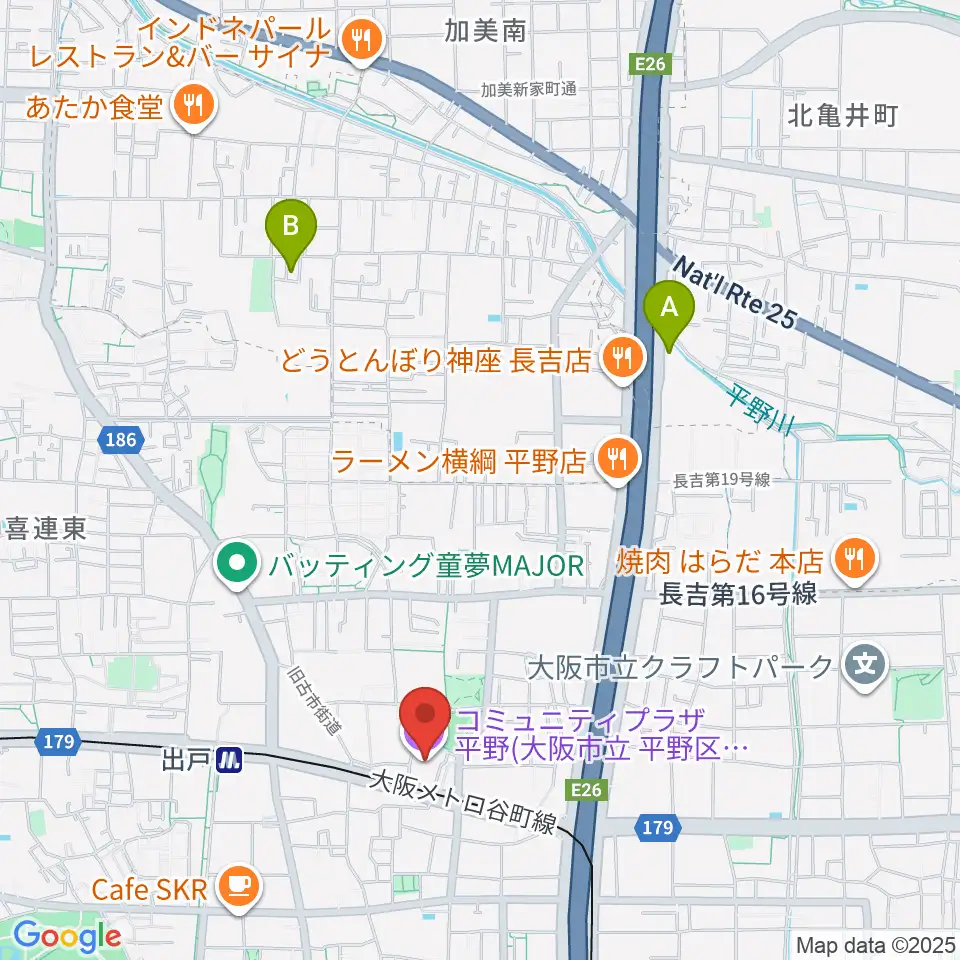 コミュニティプラザ平野周辺のホテル一覧地図