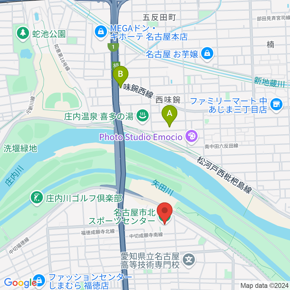 名古屋市北スポーツセンター周辺のホテル一覧地図