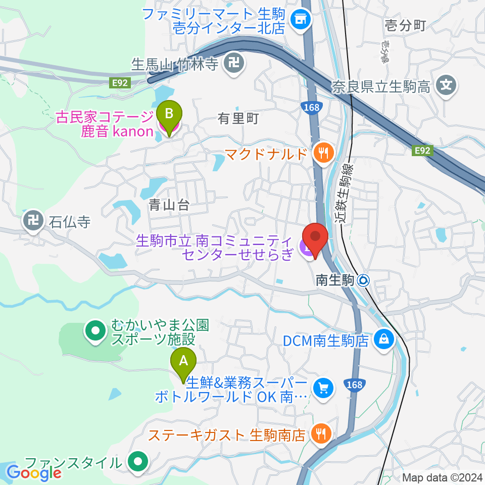 生駒市立南コミュニティセンターせせらぎ周辺のホテル一覧地図