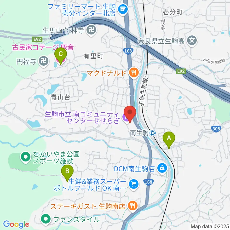 生駒市立南コミュニティセンターせせらぎ周辺のホテル一覧地図