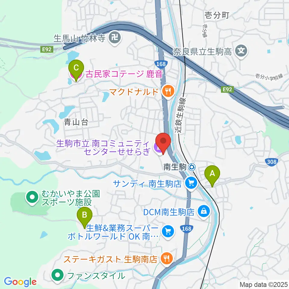 生駒市立南コミュニティセンターせせらぎ周辺のホテル一覧地図