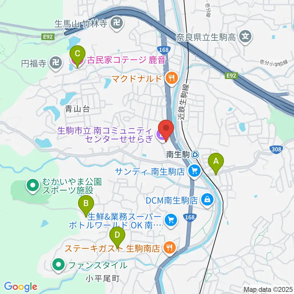 生駒市立南コミュニティセンターせせらぎ周辺のホテル一覧地図