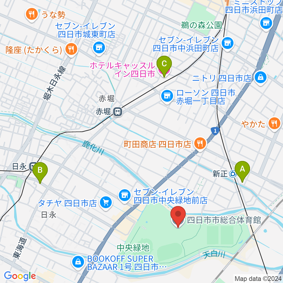 四日市市総合体育館周辺のホテル一覧地図