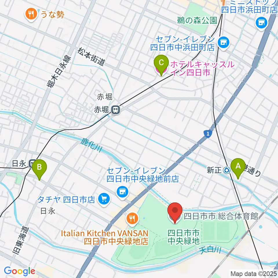 四日市市総合体育館周辺のホテル一覧地図