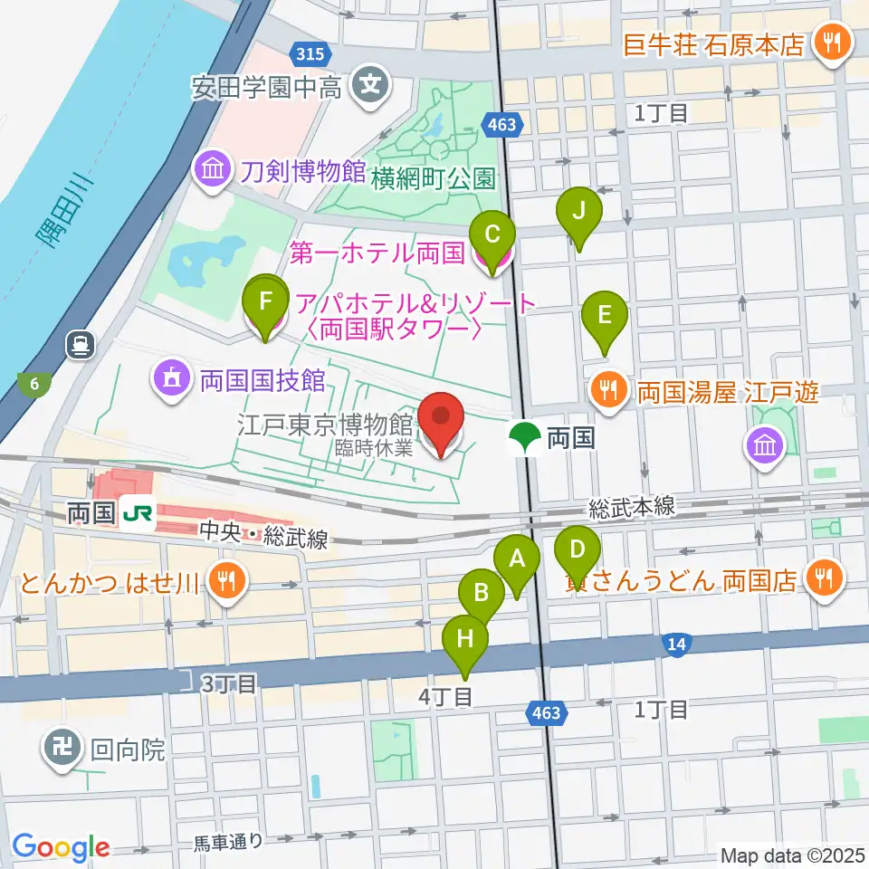 江戸東京博物館周辺のホテル一覧地図