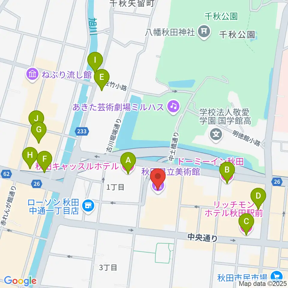 秋田県立美術館周辺のホテル一覧地図