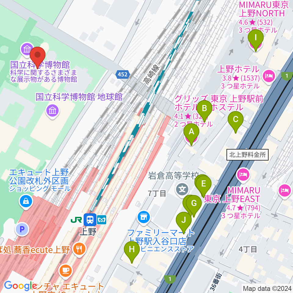 国立科学博物館周辺のホテル一覧地図