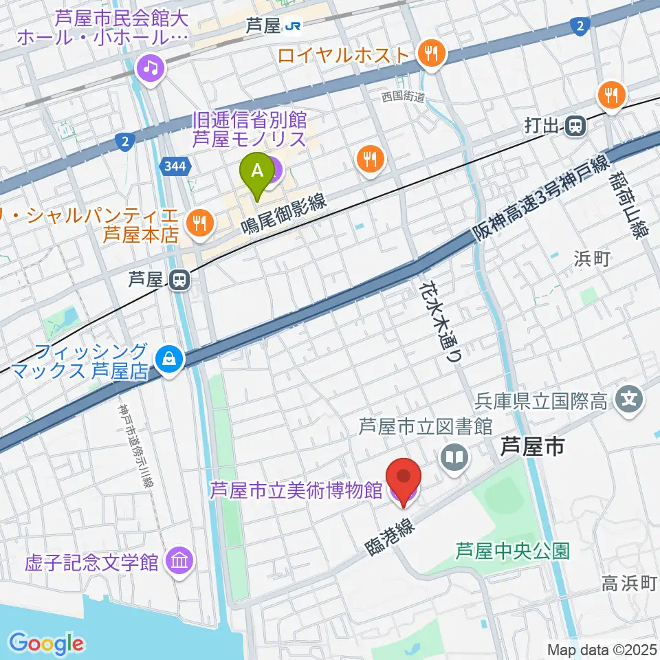 芦屋市立美術博物館周辺のホテル一覧地図