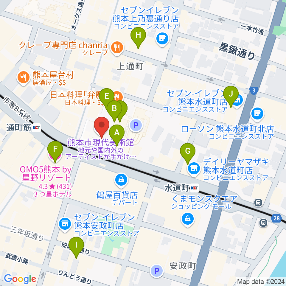 熊本市現代美術館（CAMK）周辺のホテル一覧地図