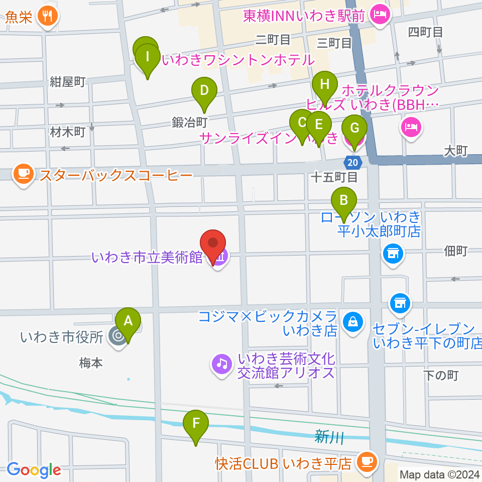 いわき市立美術館周辺のホテル一覧地図