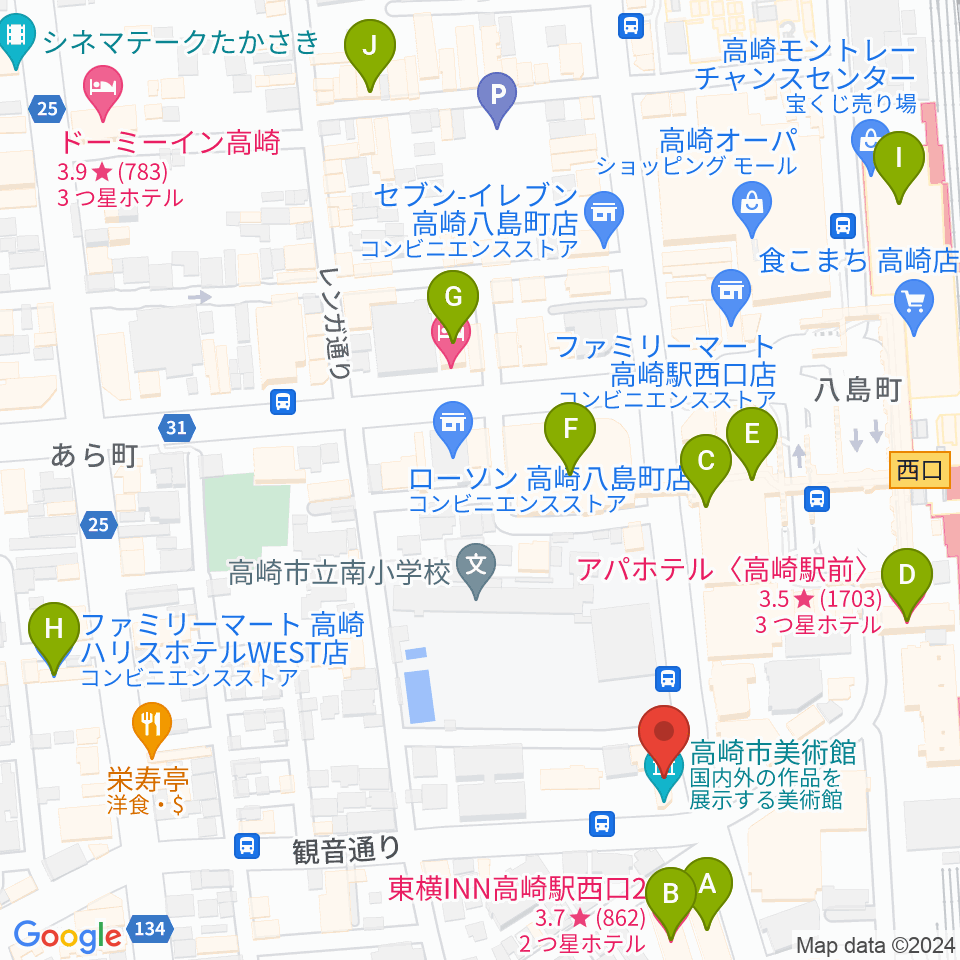 高崎市美術館周辺のホテル一覧地図