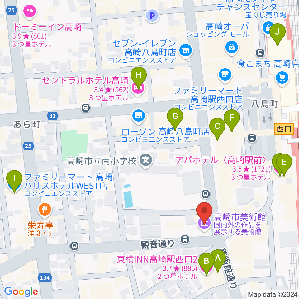 高崎市美術館周辺のホテル一覧地図