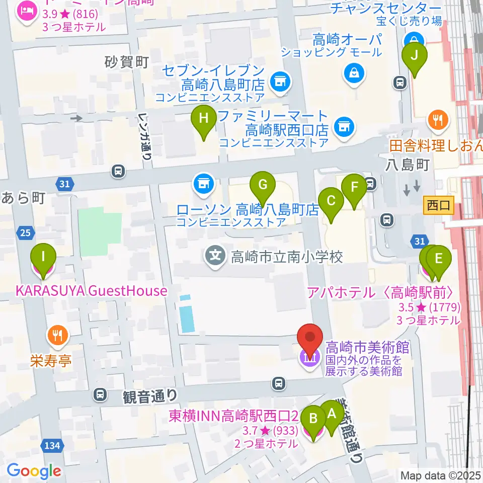 高崎市美術館周辺のホテル一覧地図