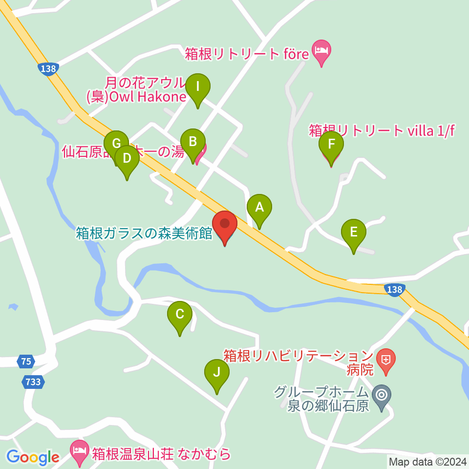 箱根ガラスの森美術館周辺のホテル一覧地図