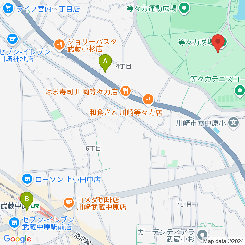 川崎市等々力球場周辺のホテル一覧地図