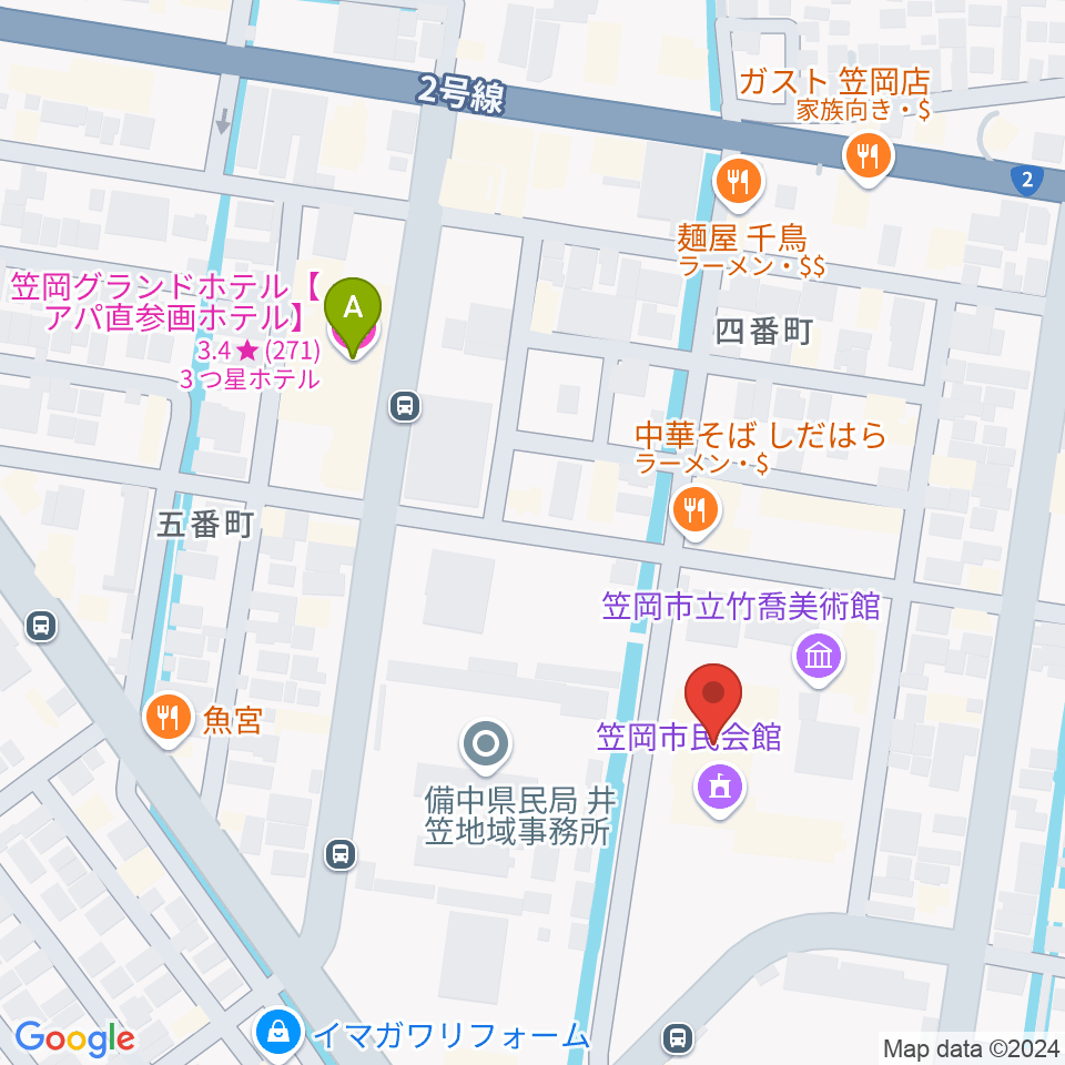 笠岡市民会館周辺のホテル一覧地図