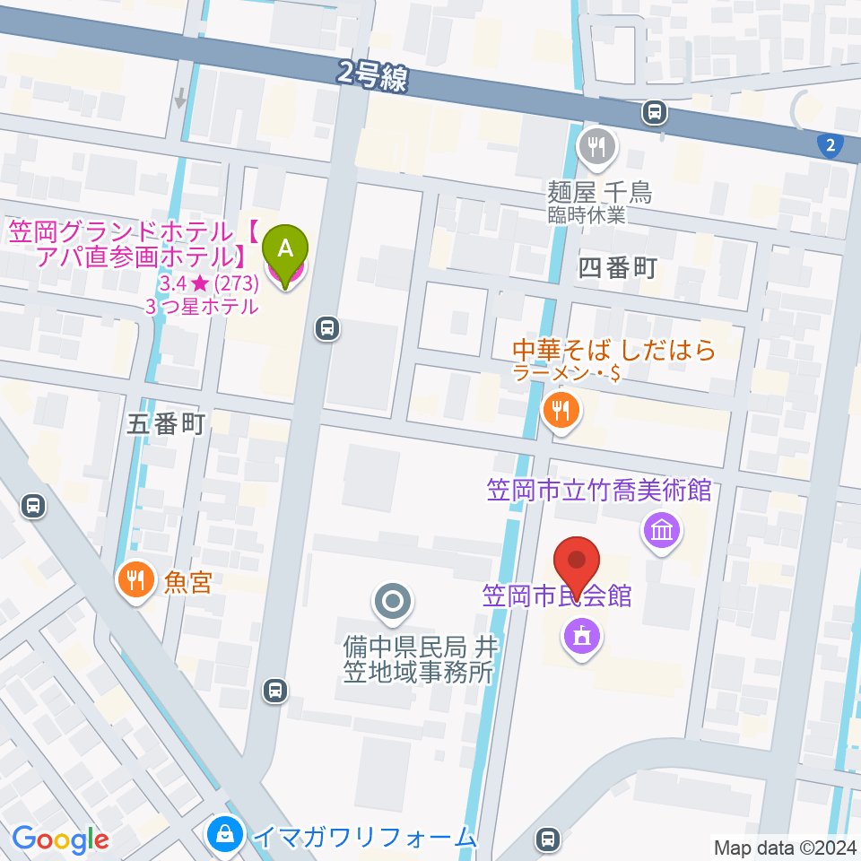 笠岡市民会館周辺のホテル一覧地図