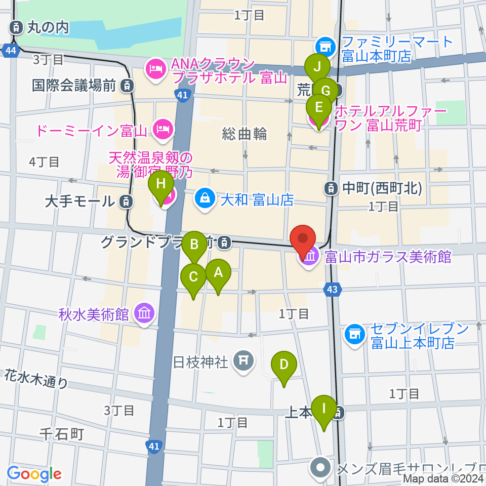 富山市ガラス美術館周辺のホテル一覧地図