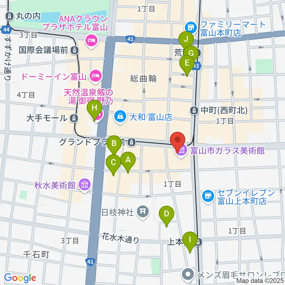 富山市ガラス美術館周辺のホテル一覧地図