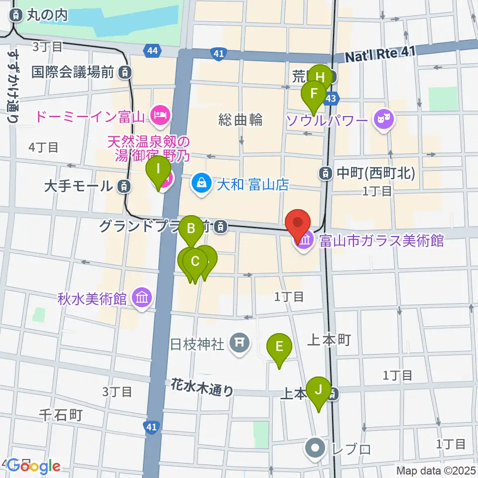 富山市ガラス美術館周辺のホテル一覧地図
