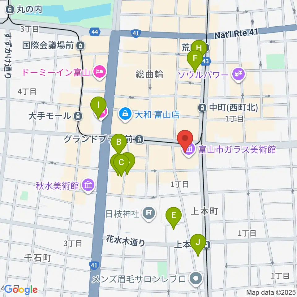 富山市ガラス美術館周辺のホテル一覧地図