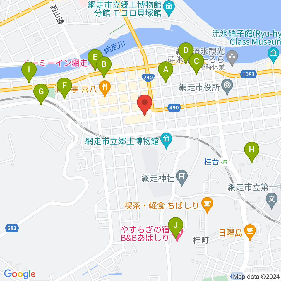 網走市立美術館周辺のホテル一覧地図