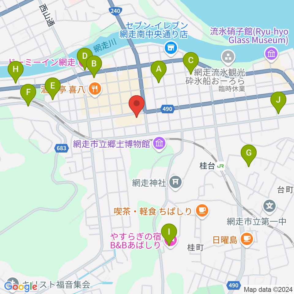 網走市立美術館周辺のホテル一覧地図