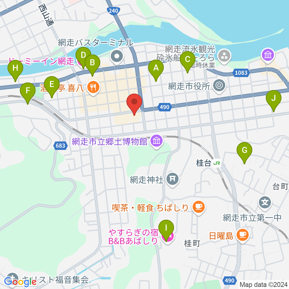 網走市立美術館周辺のホテル一覧地図